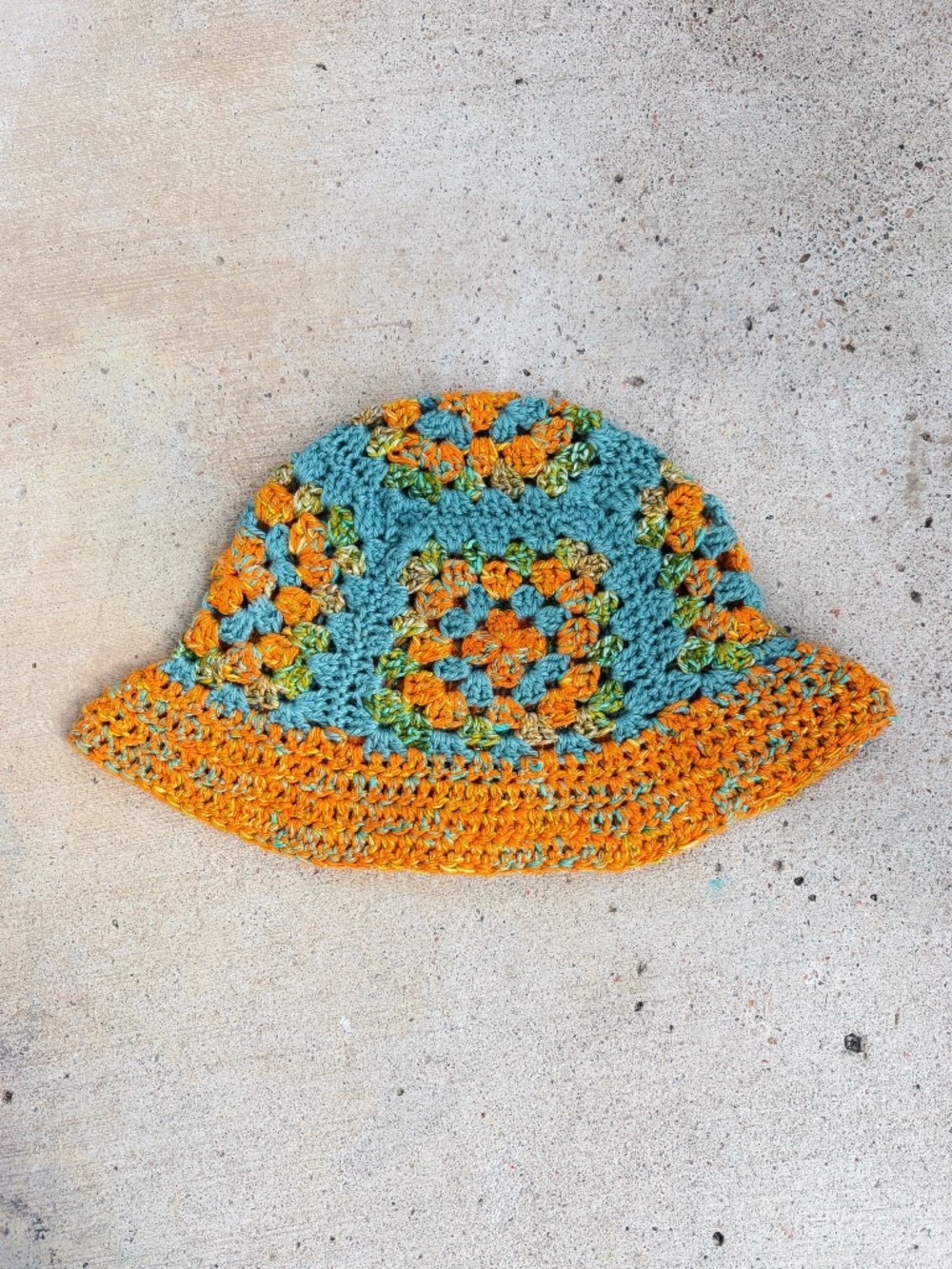 Crocheted Granny Square Bucket Hat in Teal, Green, and Sparkly Orange